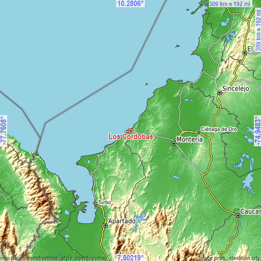 Topographic map of Los Córdobas