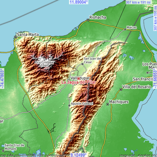 Topographic map of La Jagua del Pilar