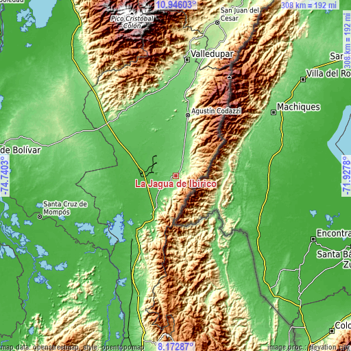 Topographic map of La Jagua de Ibirico