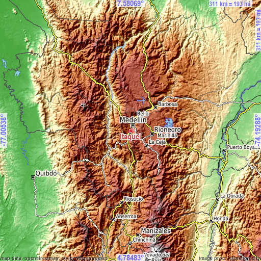 Topographic map of Itagüí