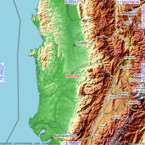 Topographic map of Istmina