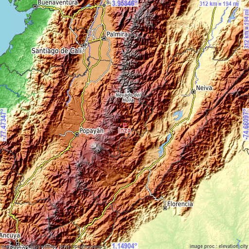 Topographic map of Inzá