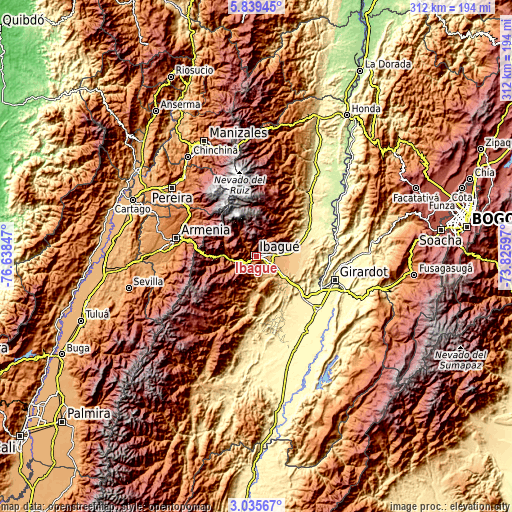 Topographic map of Ibagué