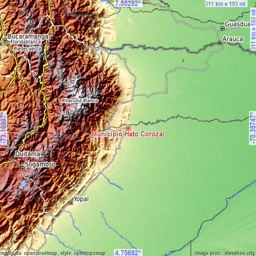 Topographic map of Municipio Hato Corozal