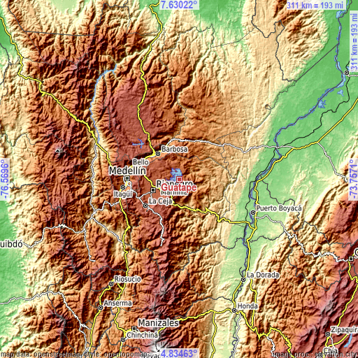 Topographic map of Guatapé