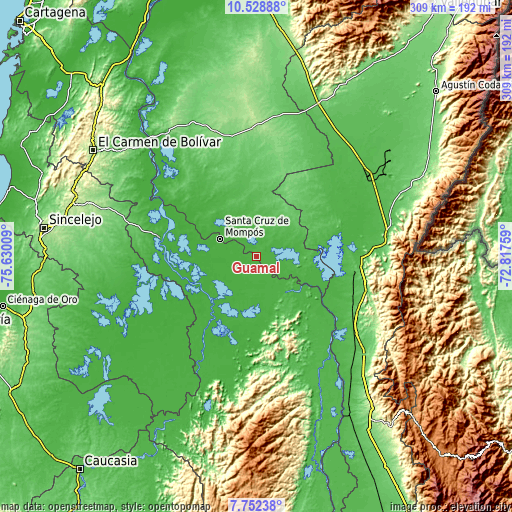 Topographic map of Guamal