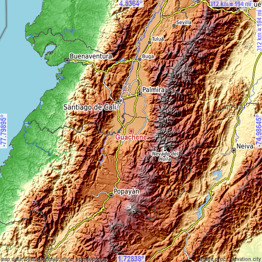 Topographic map of Guachené