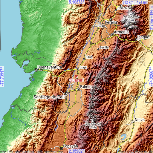 Topographic map of Guacarí