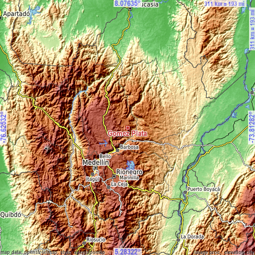 Topographic map of Gómez Plata