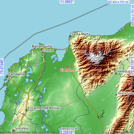 Topographic map of El Retén