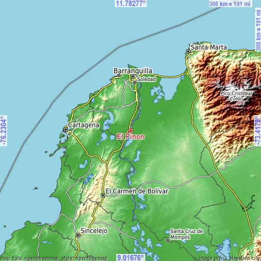 Topographic map of El Piñón