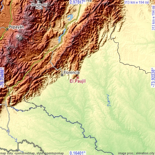 Topographic map of El Paujíl