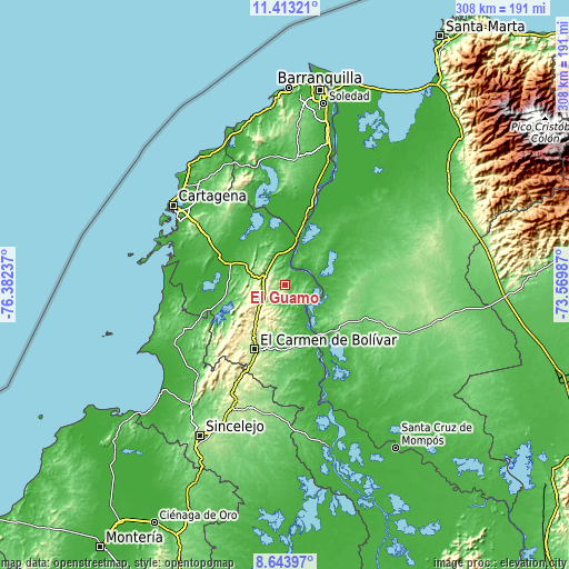 Topographic map of El Guamo