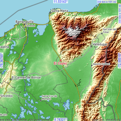 Topographic map of El Copey