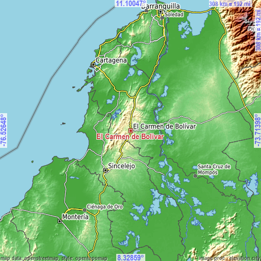 Topographic map of El Carmen de Bolívar