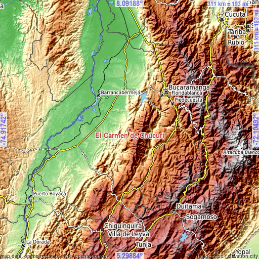 Topographic map of El Carmen de Chucurí