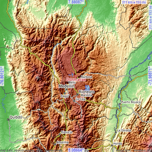 Topographic map of Donmatías