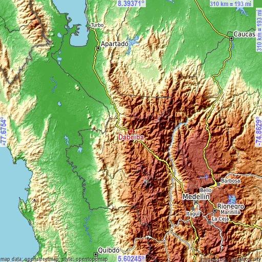 Topographic map of Dabeiba