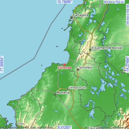 Topographic map of Coveñas