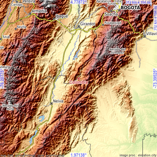 Topographic map of Colombia