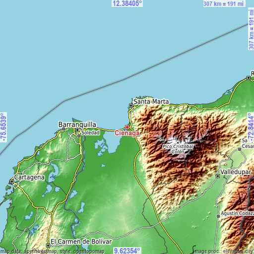 Topographic map of Ciénaga