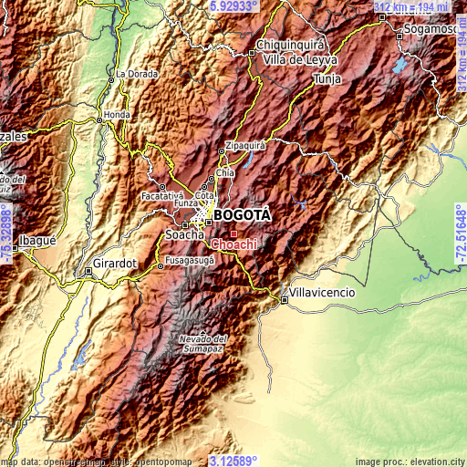 Topographic map of Choachí