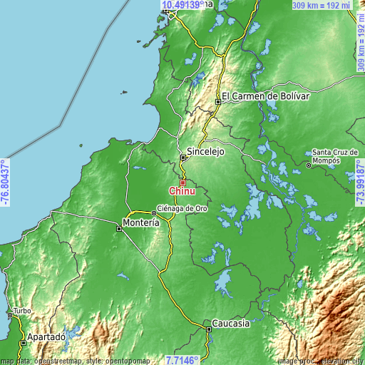Topographic map of Chinú