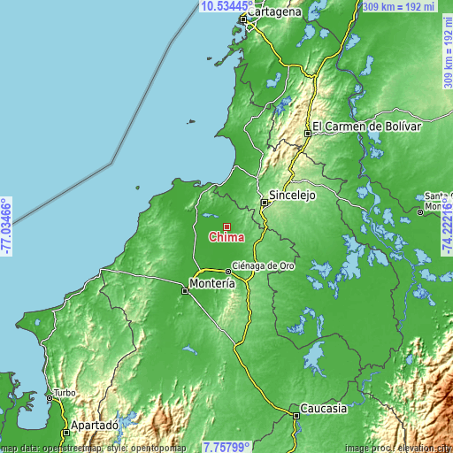 Topographic map of Chimá
