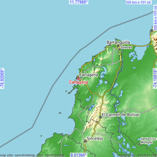 Topographic map of Cartagena