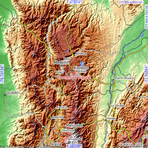 Topographic map of Carmen de Viboral