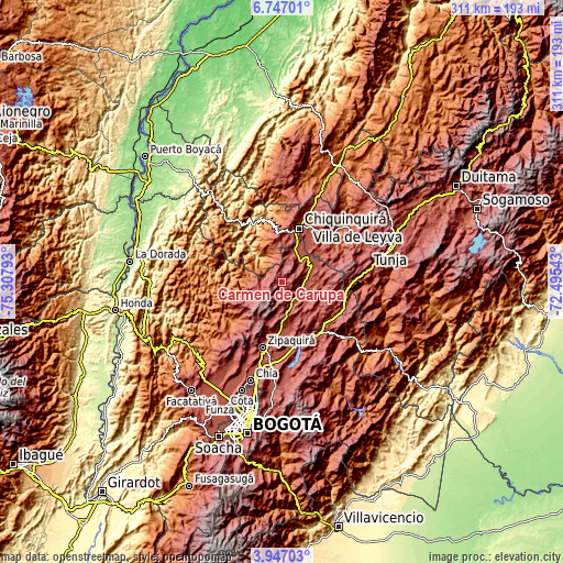 Topographic map of Carmen de Carupa