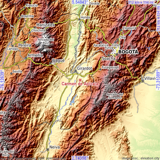 Topographic map of Carmen de Apicalá