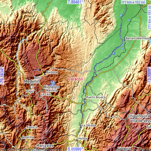 Topographic map of Caracolí