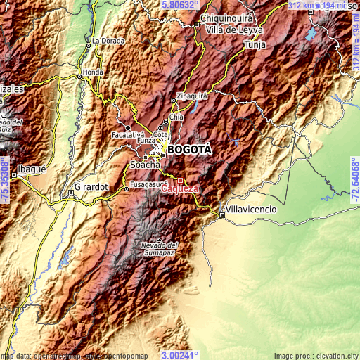 Topographic map of Cáqueza