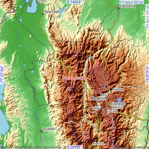 Topographic map of Cañasgordas