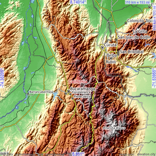 Topographic map of California