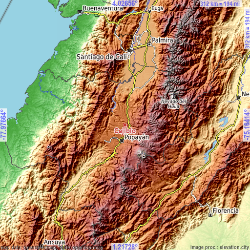 Topographic map of Cajibío