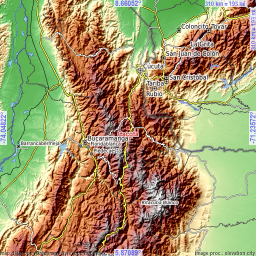 Topographic map of Cácota