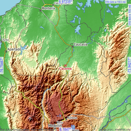 Topographic map of Cáceres