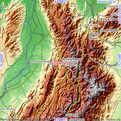 Topographic map of Bucaramanga
