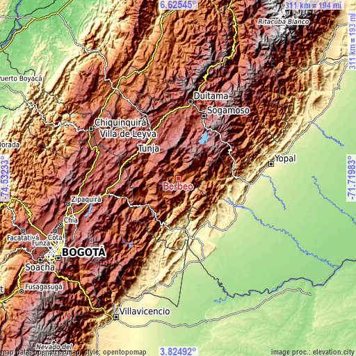 Topographic map of Berbeo