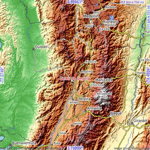 Topographic map of Belén de Umbría