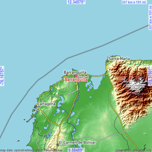 Topographic map of Barranquilla