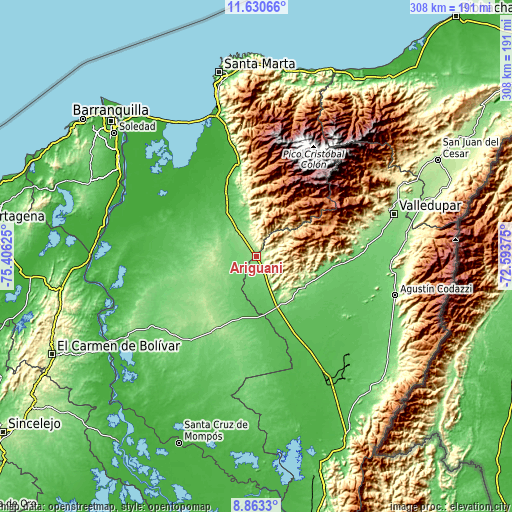 Topographic map of Ariguaní