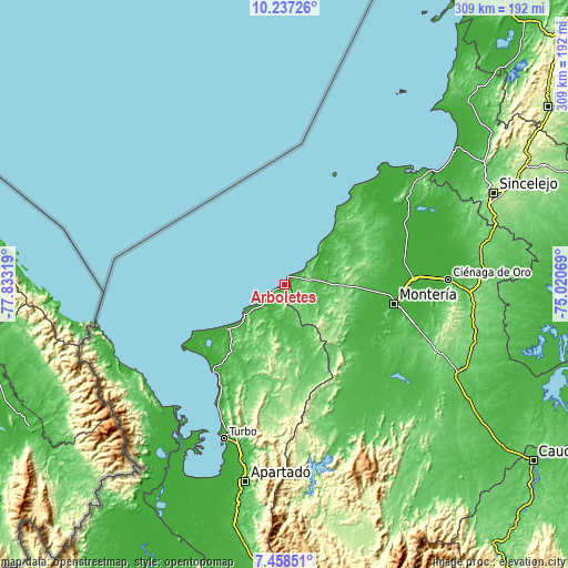 Topographic map of Arboletes