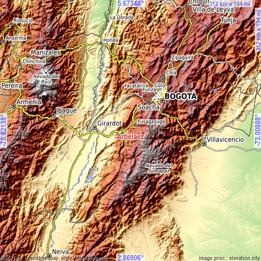 Topographic map of Arbeláez