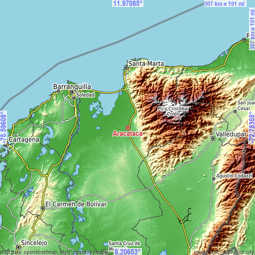 Topographic map of Aracataca