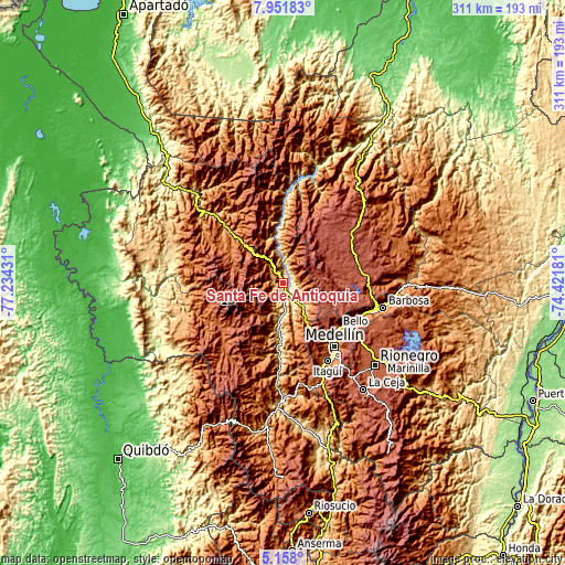 Topographic map of Santa Fe de Antioquia