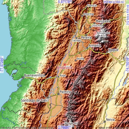 Topographic map of Andalucía