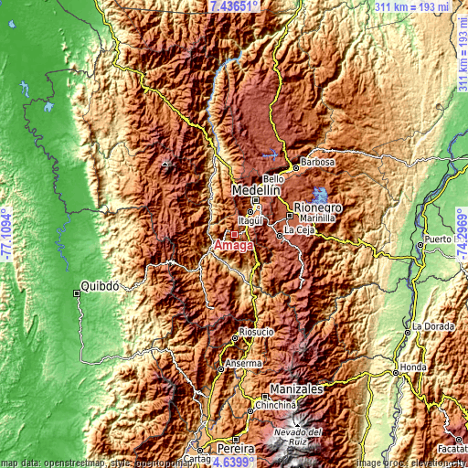 Topographic map of Amagá